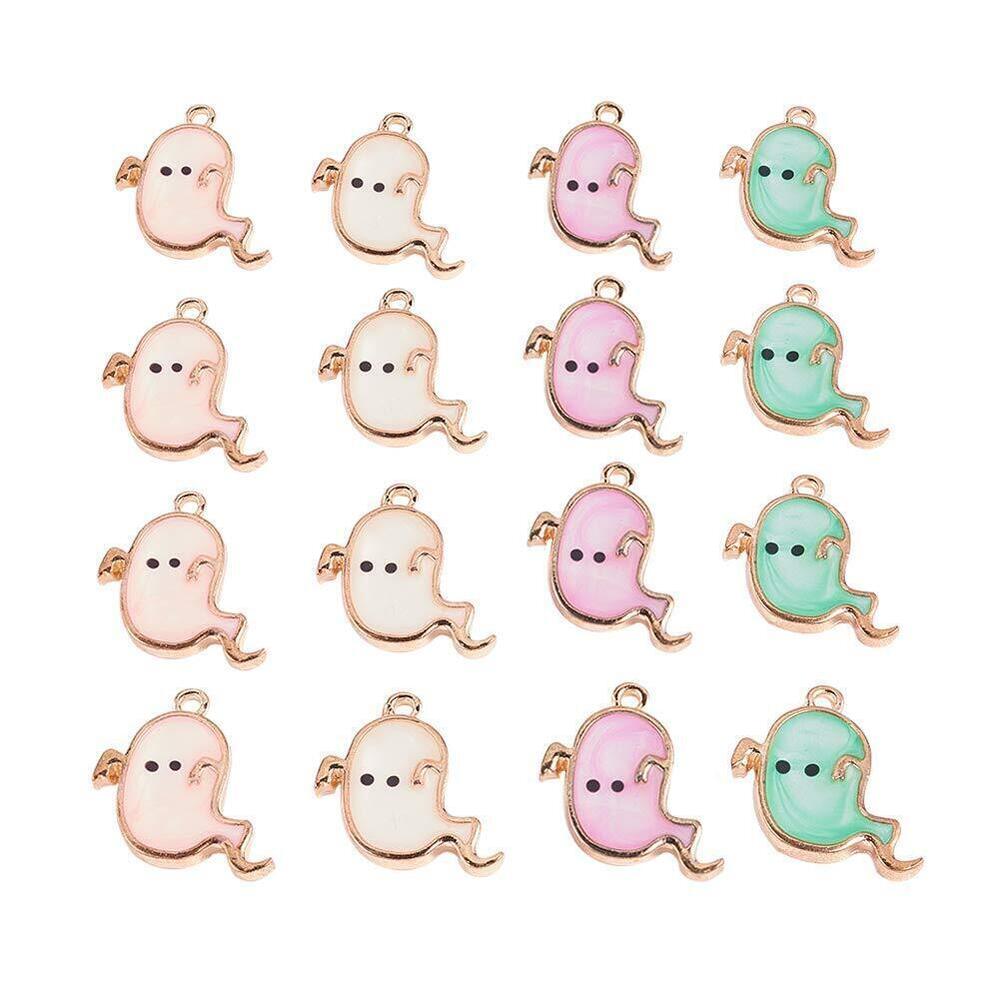 4484 50 Pcs Alloy Enamel Pendants Ghost Golden Plated Charms for Halloween